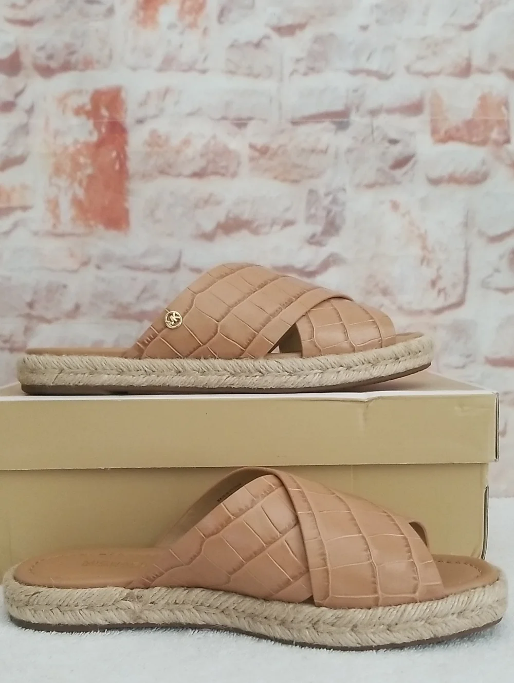 Michael Kors Tan Croc-Embossed Slide Sandals